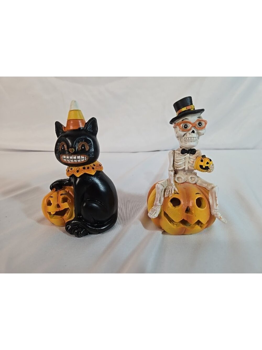 Istatue Pumpkin Skeleton And Black Cat Lighted Figurines